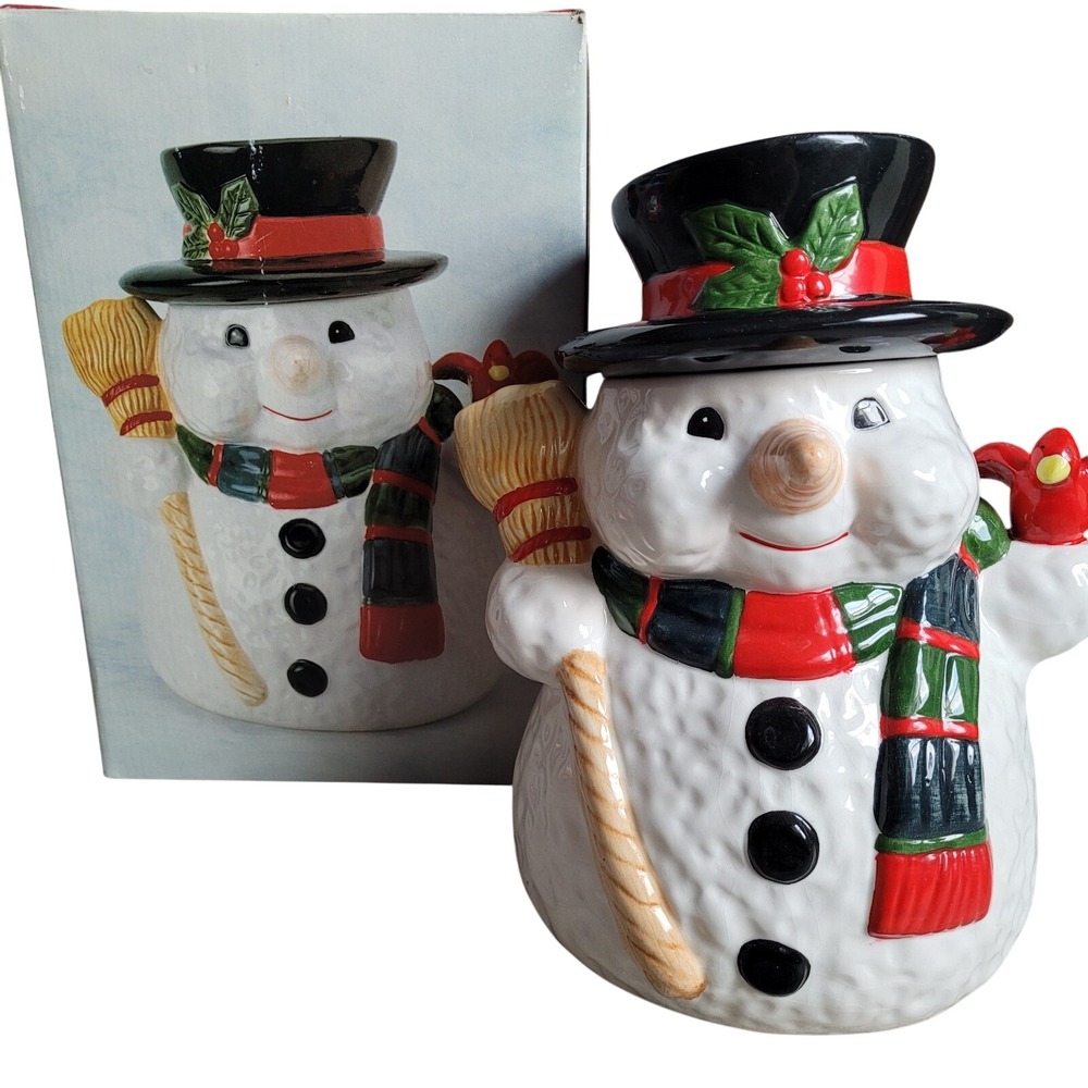 Vintage World Bazaars Ceramic Snowman Cookie Jar Holding Broom & Cardinal W Box!